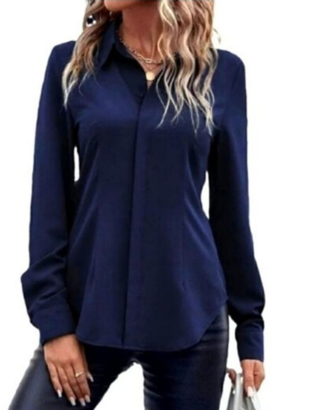 MNG by Mango Midnight Blue Crinkle Texture Collared Button Up Blouse Size 4